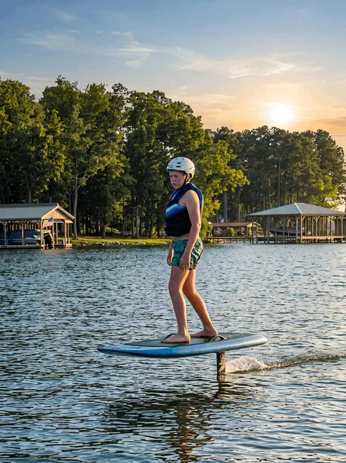A rider on an eFoil board above Weiss Lake at sunset