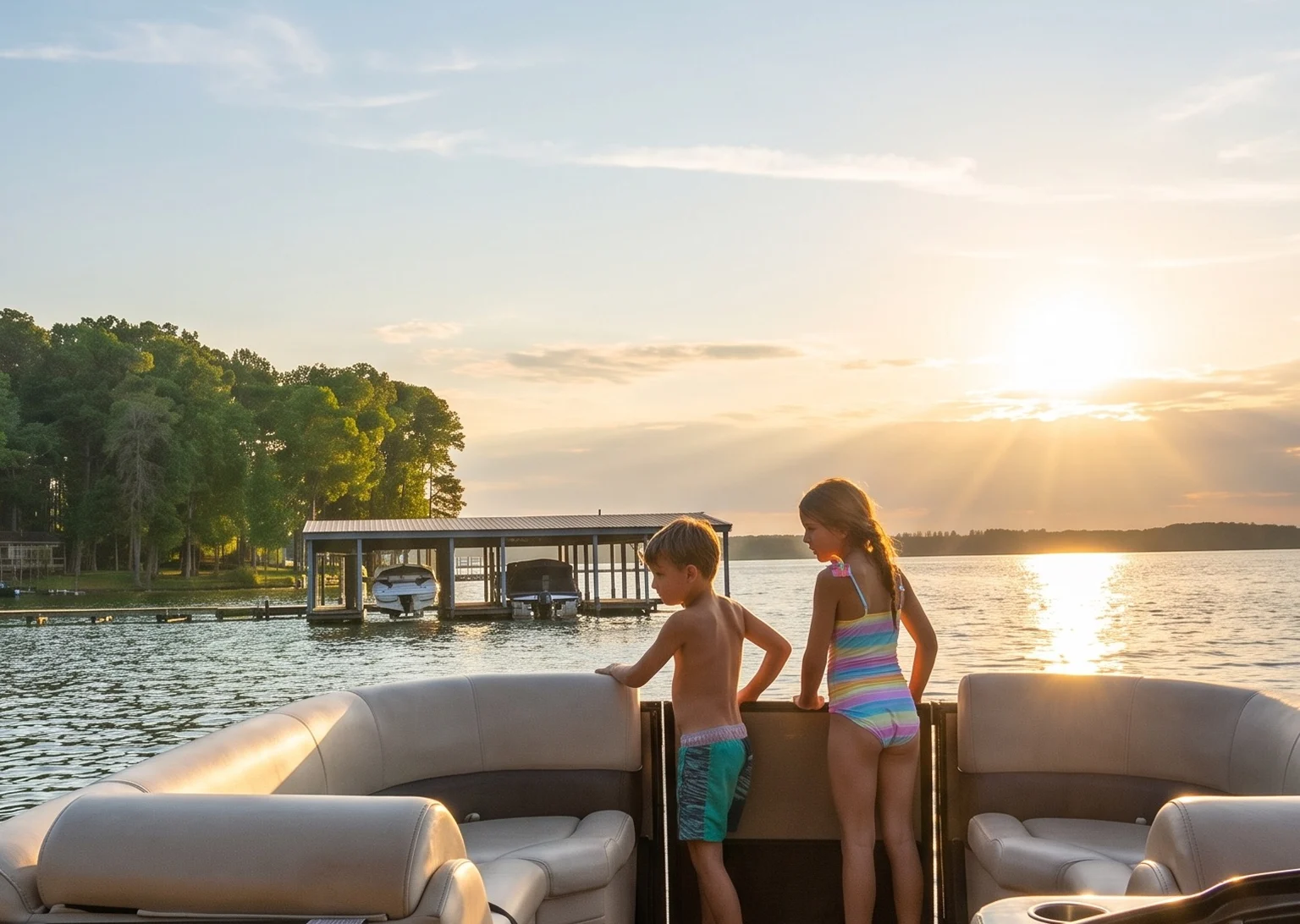 Two kids at the rail of a pontoon boat watching the sun set over Weiss Lake