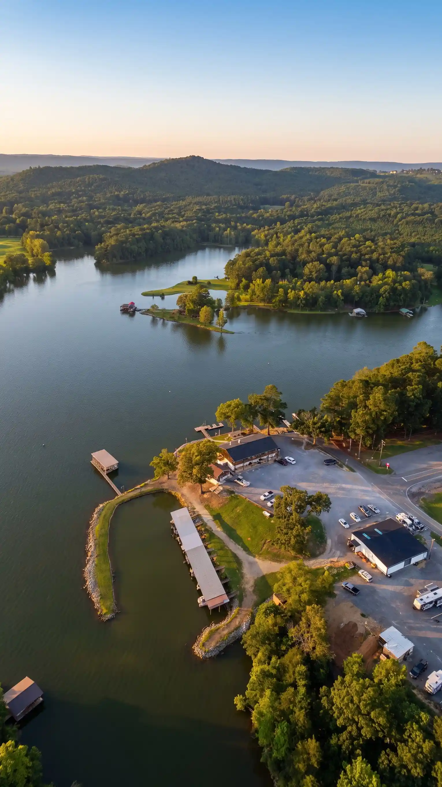 Aerial view of Little River Landing's marina and covered slips on Weiss Lake at sunset
